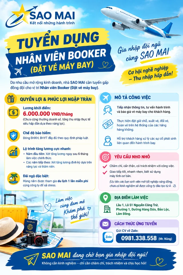 Công ty Sao Mai tuyển dụng Booker vé máy bay