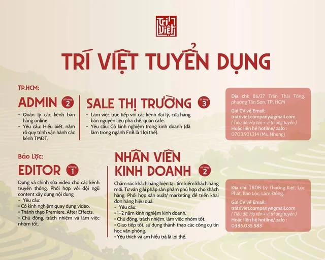 TRÍ VIỆT TUYỂN DỤNG NHIỀU VỊ TRÍ