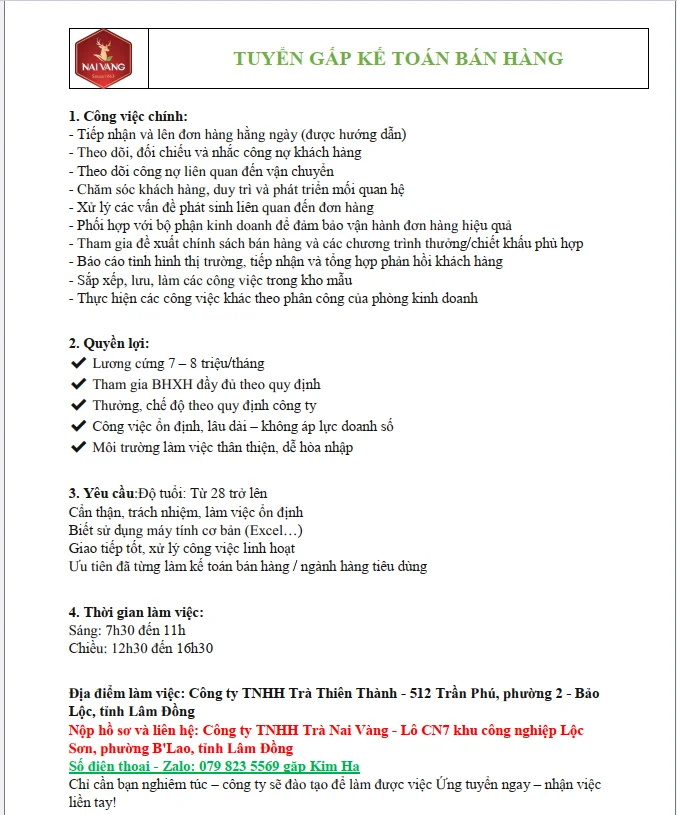 Cần tuyển Nhân viên kế toán bán hàng
