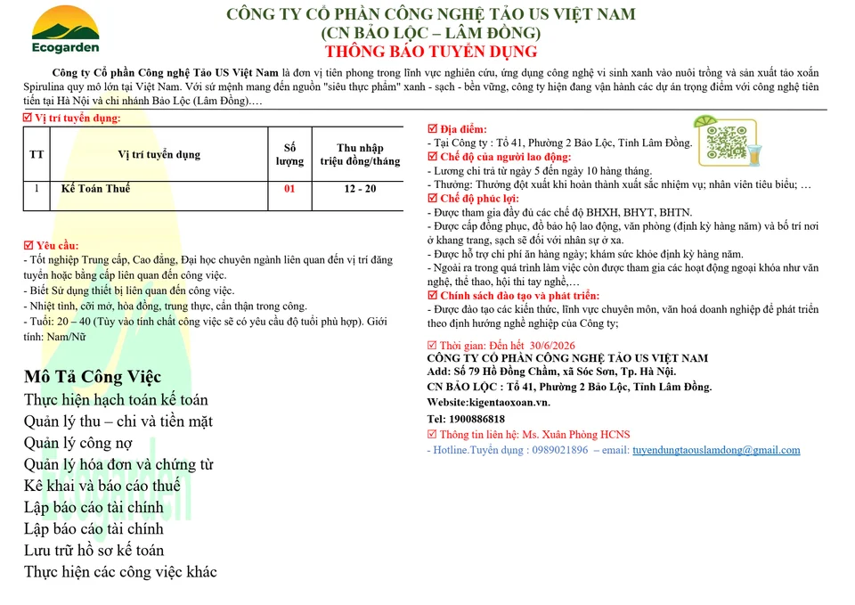 CÔNG TY CPCN TẢO US (CN BẢO LỘC - LÂM ĐỒNG )TUYỂN DỤNG KẾ TOÁN