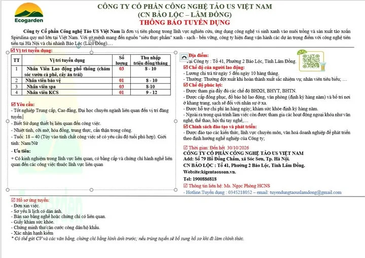 CÔNG TY CP CÔNG NGHỆ TẢO US VIỆT NAM TUYỂN DỤNG: