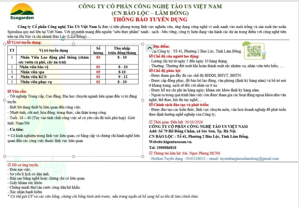 CÔNG TY CP CÔNG NGHỆ TẢO US VIỆT NAM TUYỂN DỤNG
