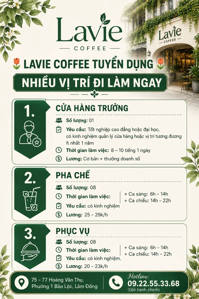 LAVIE COFFEE TUYỂN DỤNG QUẢN LÝ/ CỬA HÀNG TRƯỞNG