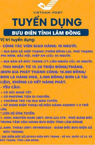 Bưu điện tuyển dụng nhân viên giao hàng tại xã (Đức Trọng-Hiệp Thạnh)