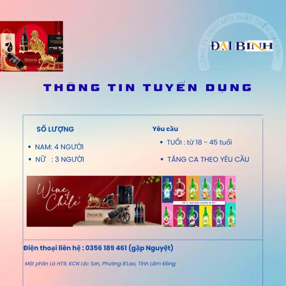 TUYỂN CÔNG NHÂN  NAM NỮ NHÀ MÁY RƯỢU
