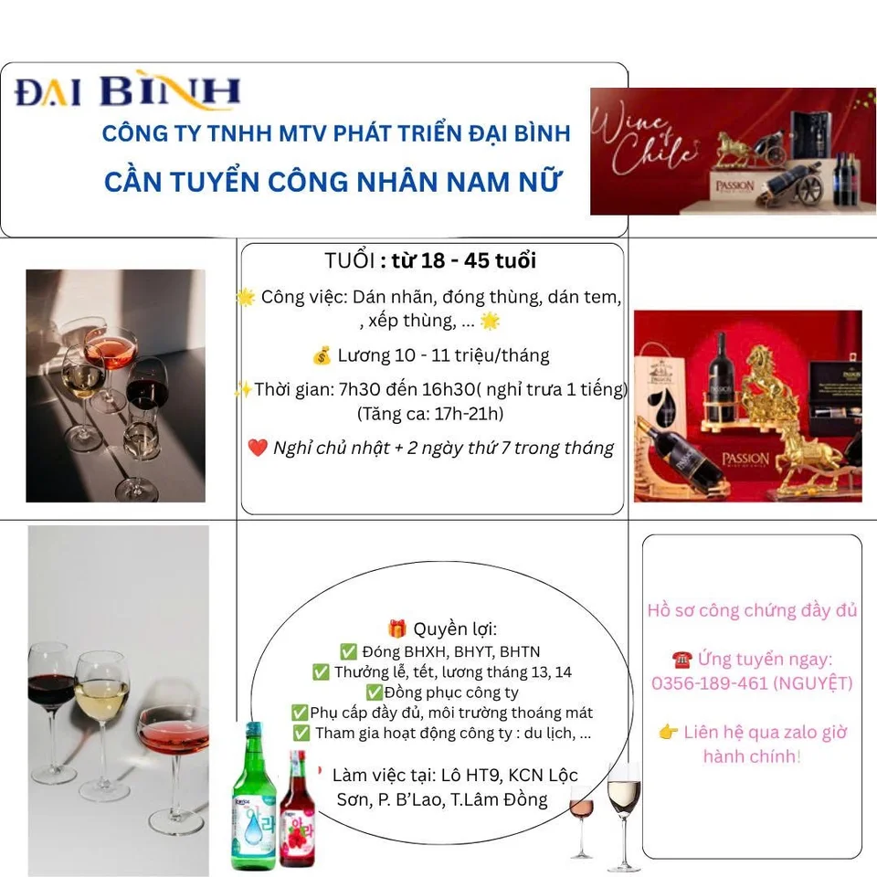 Tuyển công nhân Nam Nữ Nhà Máy Rượu