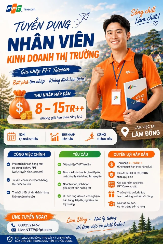 FPT TUYỂN SALE THỊ TRƯỜNG 10-15TR/THÁNG
