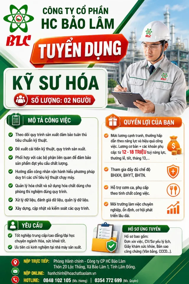 KỸ SƯ HÓA- CTY CỔ PHẦN HC BẢO LÂM