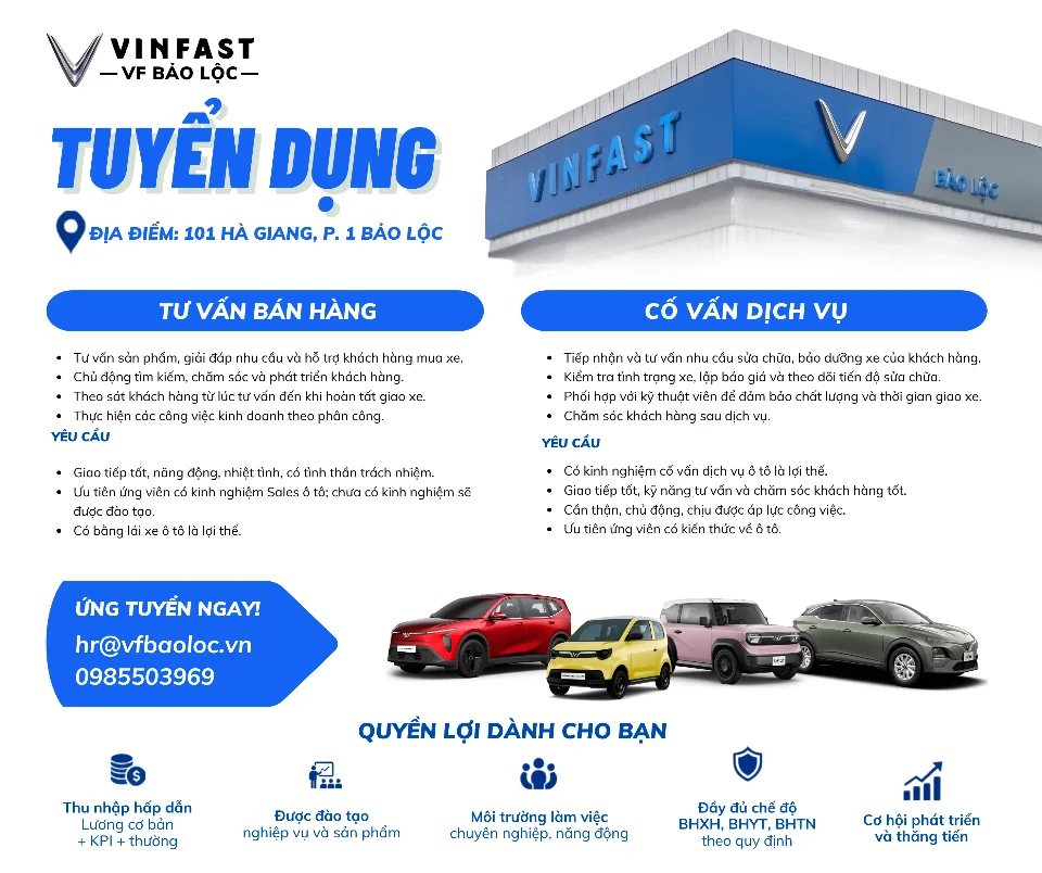 Tuyển Dụng - Tư Vấn Bán Hàng & Cố Vấn Dịch Vụ - VinFast VF Bảo Lộc