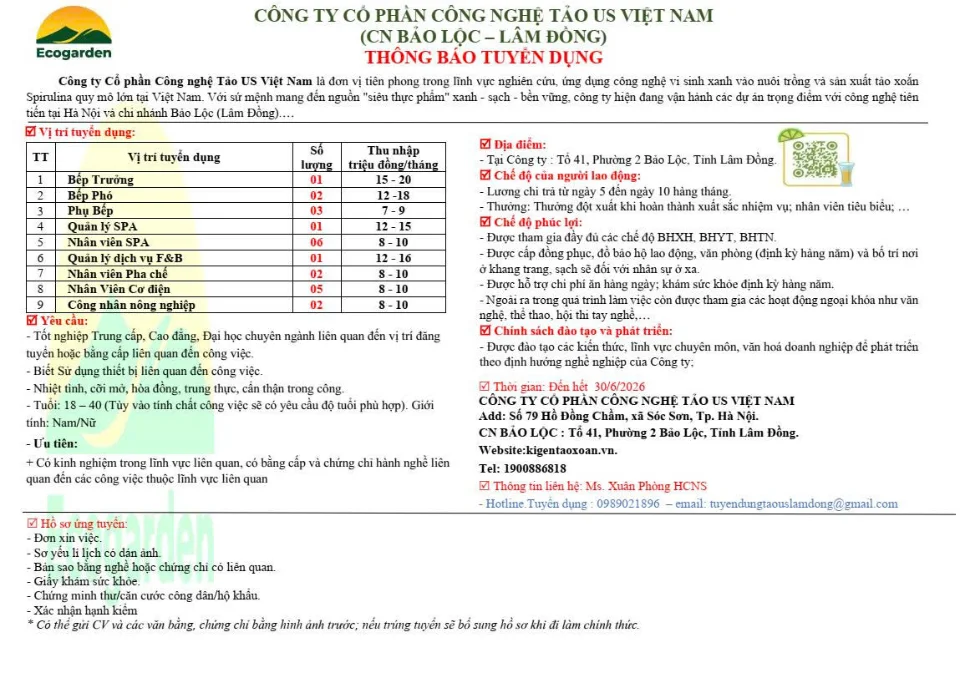 CÔNG TY TẢO US VIỆT NAM - CẦN TUYỂN GẤP!!!