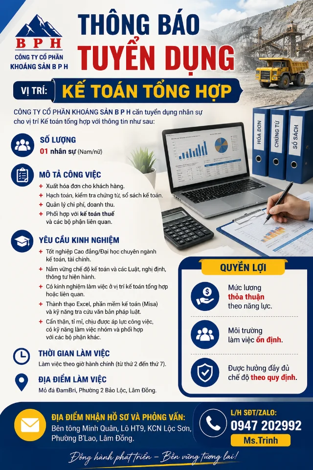 THÔNG BÁO TUYỂN DỤNG - KẾ TOÁN TỔNG HỢP