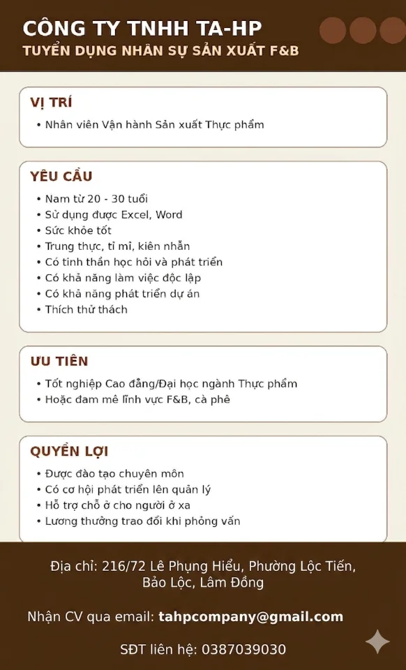 Nhân viên Vận hành Sản xuất Thực phẩm